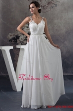 Floor length Ruched Straps White Prom Dress with Handmade Flower WD4-713FOR