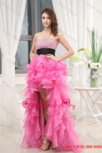 Hot Pink Strapless Belt Beading Ruffles High Low Organza Prom Dress for 2016 FVPD005FOR