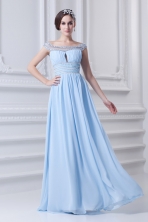 Light Blue Off The Shoulder Empire Chiffon Prom Dress with Beading and Ruching FVPD286FOR