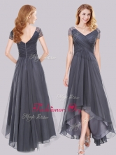 Lovely Beaded Decorated Short Sleeves High Low Grey Prom Dress PME2013FOR