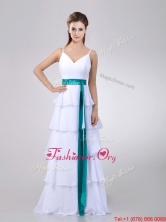 Lovely White Prom Dress with Ruffled Layers and Turquoise Belt THPD109FOR