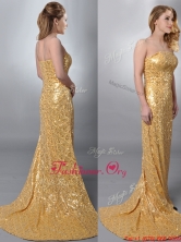 Luxurious Column Strapless Sequined Gold Prom Dress with Brush Train THPD006FOR