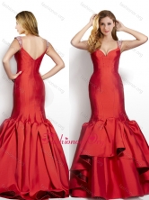 Modest Mermaid Beaded Decorated Cap Sleeves Wine Red Prom Dress in Taffeta PME1957FOR