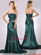 Modest One Shoulder Dark Green Prom Dress in Elastic Woven Satin THPD019FOR
