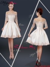 New Arrivals Off the Shoulder Appliques Champagne Short Prom Dresses YCPD023FOR