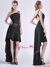 Romantic High Low One Shoulder Black Prom Dress with Criss Cross THPD181FOR