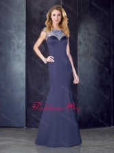 See Through Back Satin Beaded Prom Dress in Navy Blue PME1924-3FOR