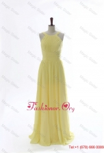 Simple 2016 Scoop Chiffon Yellow Prom Dresses with Sweep Brain DBEES003FOR