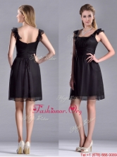 Simple Empire Square Chiffon Black Prom Dress with Cap Sleeves THPD050FOR