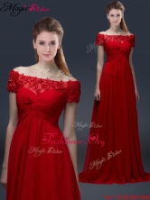 Simple Off the Shoulder Short Sleeves Red Prom Dresses with Appliques YCPD024FOR