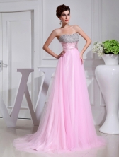 Spring A line Brush Train Beading Tulle Strapless Baby Pink Prom Dress FVPD085FOR