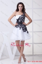 White Cool Back One Shoulder Prom Gowns with Black Lace Flowers and Sash WD4-386FOR