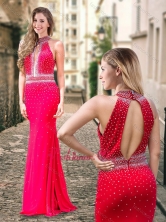 2016 Column High Neck Backless Beaded Coral Red Prom Dress PME1874FOR 