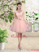 2016 Fall  Decent V Neck Baby Pink Dama Dresses with Hand Made Flowers BMT042AFOR 