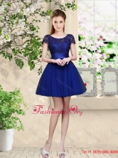 2016 Fall  Sturning Bateau Short Royal Blue Dama Dresses with Cap Sleeves BMT034DFOR
