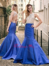 2016 Mermaid Backless Beaded Royal Blue Dama Dress with Brush Train PME1873FOR