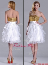 Classical Organza Sequined and Ruffled Dama Dress in White and Gold THPD310FOR