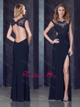 Column Backless Applique Black Dama Dress with Beading and High Slit PME1888FOR