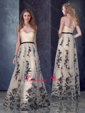 Custom Designed Empire Belted and Printed Dama Dress in Champagne PME1911FOR