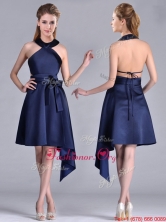 Elegant Halter Top Asymmetrical Navy Blue Dama Dress in Satin THPD026FOR