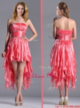 Elegant Strapless High Low Beaded Decorated Waist Dama Dress in Coral Red THPD307FOR