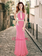 High Neck Beaded Backless Pink Dama Dress with Brush Train PME1878-2FOR