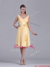New Arrivals V Neck Bowknot Chiffon Short Dama Dress in Yellow THPD110FOR