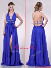 New Halter Top Blue Backless Dama Dress with Beading and High Slit THPD169FOR