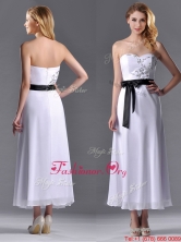 Popular Tea Length White Dama Dress with Appliques and Belt THPD250FOR