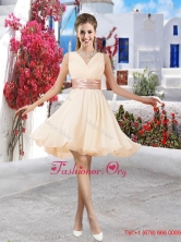 Affordable Champagne V Neck Discount Dama Dresses with Belt and Ruching BMT061CFOR