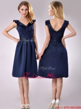 Beautiful V Neck Navy Blue Empire Dama Dress with Cap Sleeves THPD213FOR