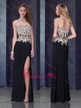 Column Black Dama Dress with High Slit and Appliques PME1890FOR