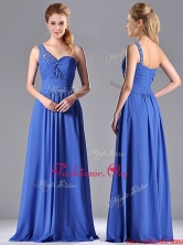 Column Chiffon Beading and Ruching Blue Dama Dress with One Shoulder THPD272FOR