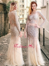 Column High Neck Beaded Champagne Dama Dress with Long Sleeves PME1880FOR
