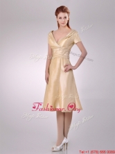 Hot Sale V Neck Champagne Tea Length Dama Dress with Short Sleeves THPD015FOR