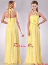 Lovely Halter Top Chiffon Ruched Long Dama Dress in Yellow THPD079FOR