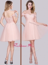 Lovely Laced Off the Shoulder Baby Pink Dama Dress in Tulle PME1998FOR