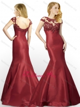 New Arrivals Applique Mermaid Brush Train Satin Dama Dress in Wine Red PME1965FOR