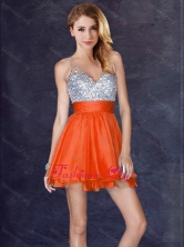 New Style Backless Orange Red Short Dama Dress with Sequins PME1948DFOR