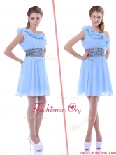 One Shoulder Light Blue Dama Dress with Beaded Decorated Waist and Ruffles THPD052FOR