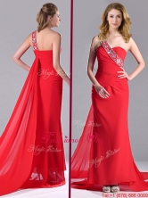 Pretty Column One Shoulder Watteau Train Chiffon Coral Red Dama Dress with Beaded  THPD278FOR