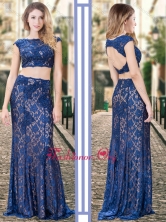 Two Piece Bateau Backless Royal Blue Dama Dress in Lace PME1875FOR