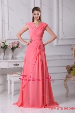 2016 Summer Pretty Elegant Watermelon Ruching V Neck Cap Sleeves Long Prom Dress WD4-233PSFOR