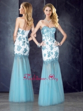 Beautiful Column Applique Aqua Blue Prom Dress in Tulle PME1922FOR