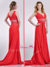 Beautiful V Neck Brush Train Chiffon Beaded Prom Dress in Coral Red THPD281FOR