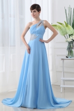 Discount Sexy Aqua Blue One Shoulder Beading and Ruching Court Train Prom Dress FVPD025FOR
