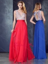 Empire V Neck Red Prom Dress with Appliques and Beading PME1940FOR