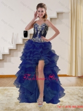 High Low Navy Blue Sweetheart Prom Dresses with Beading and Embroidery QDZY319TZBFOR