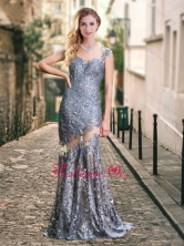 Luxurious Column Open Back Brush Train Laced Prom Dress in Silver PME1870FOR