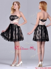 Modern Strapless Black Short Prom Dress with Lace and Belt THPD201FOR